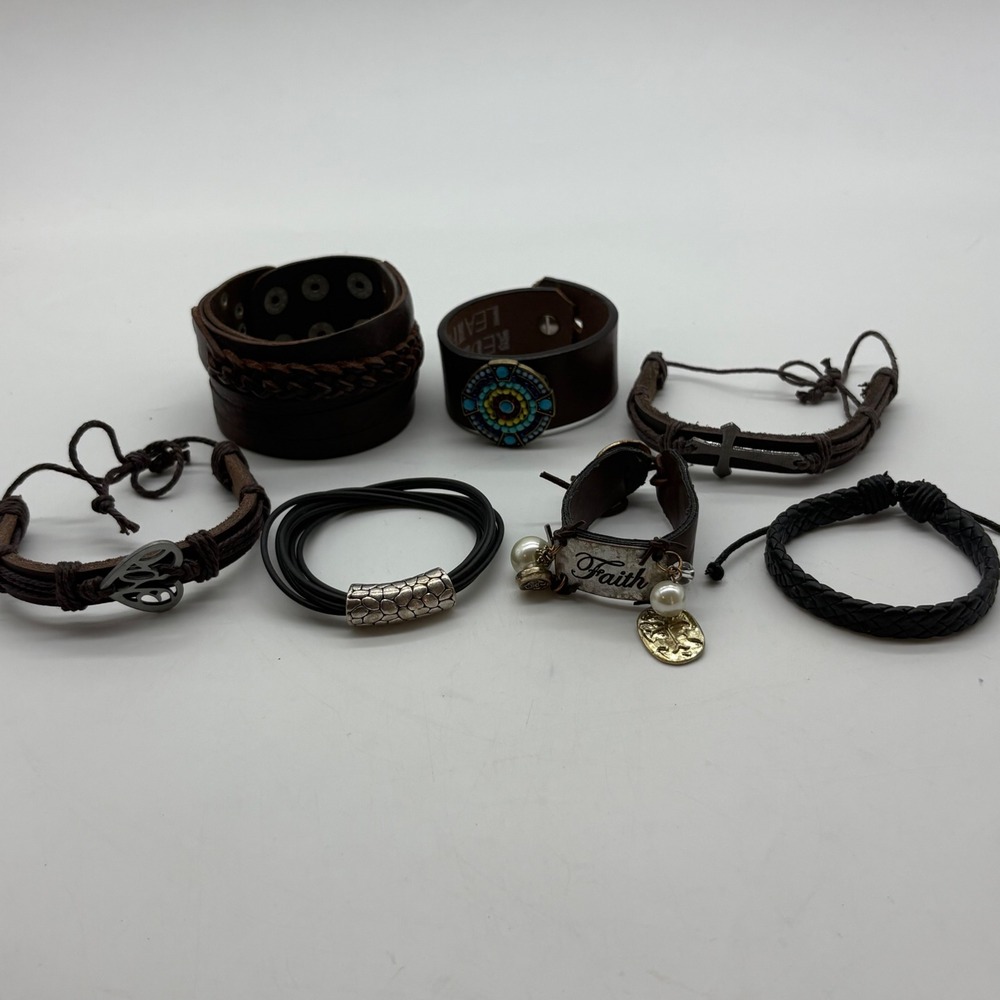 Lot of 7 Leather Bracelets Cross Faith Heart Southwest Cuffs Braided Magnetic